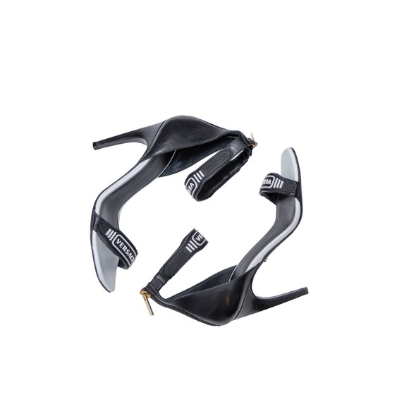 Versace Logo Strap High Heel Sandals Black Leather Ankle Strap US 7 / EU 37 - Picture 5 of 12